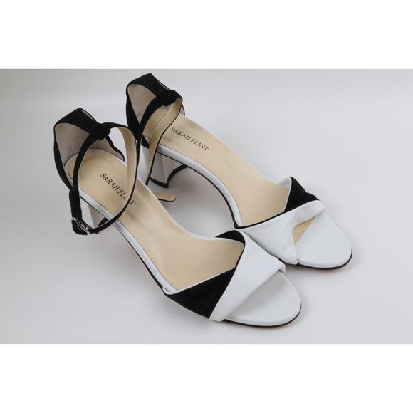 SARAH FLINT Handmade Black White Suede Leather Block Ankle Strap Sandals Size 39 - Picture 10 of 16